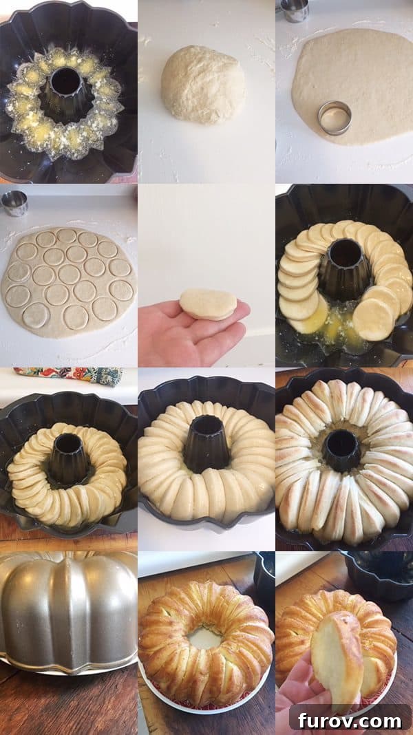 A collage of step-by-step images sent by a reader, showing an alternative method of putting together the bundt bread, focusing on cutting dough into circles.
