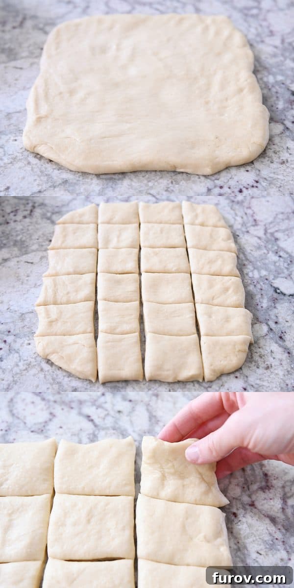 A step-by-step visual guide demonstrating how to roll out the dough and then cut it into even squares for the pull-apart bread.