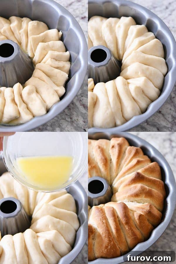 A comprehensive step-by-step collage illustrating the entire process of assembling the dough pieces in the bundt pan, from start to finish.