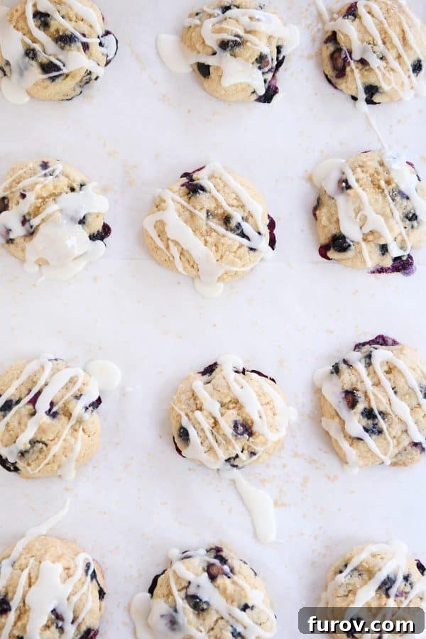 Blueberry Muffin-Top Cookies 3 Top down view of several blueberry muffin cookies on baking sheet with lemon glaze.