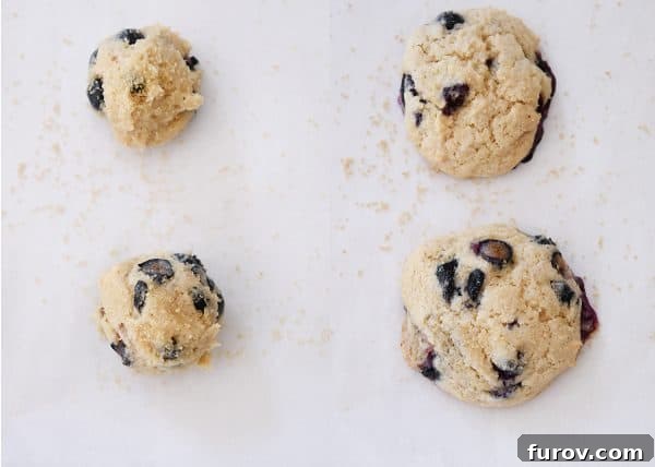 Blueberry Muffin-Top Cookies 7 Side by side of unbaked and then baked blueberry muffin cookies.