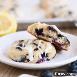 Blueberry muffin cookies on white plate with top cookie broken in half.