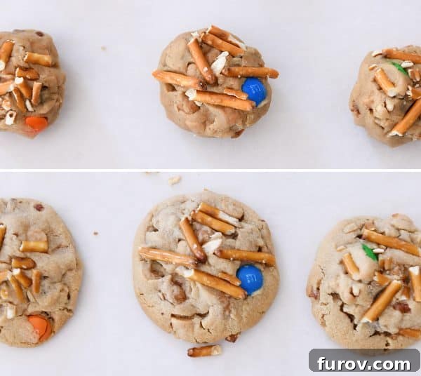 Sweet and Salty Peanut Butter Kitchen Sink Cookies 8 A side-by-side comparison of unbaked and beautifully baked peanut butter kitchen sink cookies, ready for enjoyment.
