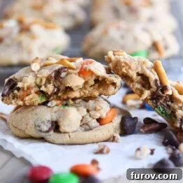 Sweet and Salty Peanut Butter Kitchen Sink Cookies 10 Baked peanut butter kitchen sink cookies with one broken in half.