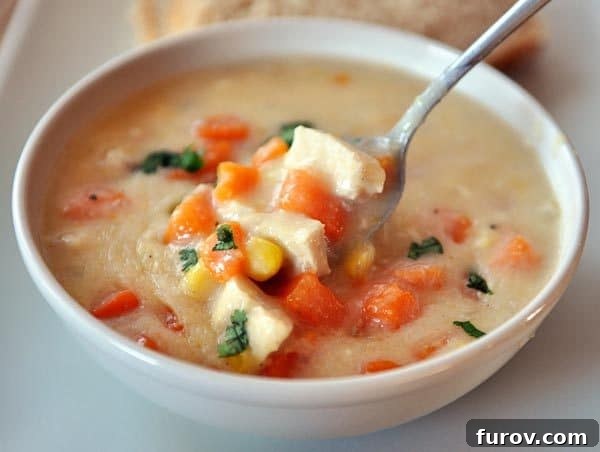 Hearty Chicken, Sweet Potato, and Corn Chowder 3 A close-up of a white bowl of Chicken Corn Chowder, showing tender chicken, sweet potato pieces, and corn kernels, with a spoon resting in it.