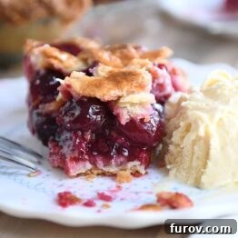 Bite taken out of cherry pie with scoop of vanilla ice cream next to it.