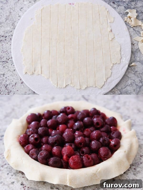 Cherry pie filling being scooped into the bottom crust, with strips of pie dough ready for the lattice top.
