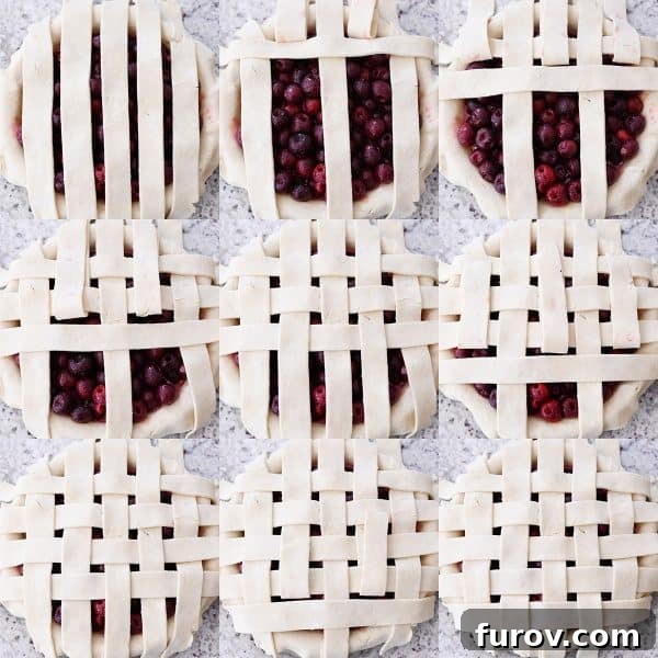 Step-by-step visual guide demonstrating how to create a lattice pie crust for a cherry pie.