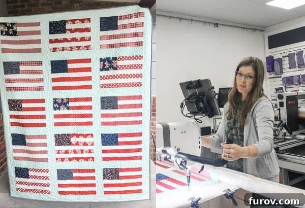 A beautifully finished flag quilt, featuring stars and stripes patterns, draped over a surface.