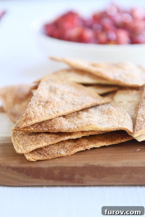 Vibrant Fruit Salsa with Cinnamon Sugar Crisps 6 Baked cinnamon tortilla chips on wood cutting board.