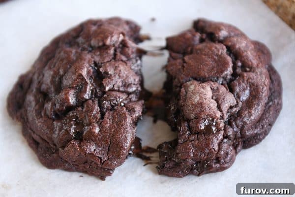 Sharing Meals, Building Bridges: Food in Community Care 6 A rich, double dark chocolate cookie, split perfectly in half, revealing its intensely gooey and luscious interior. The soft, melted chocolate chips are visible, emphasizing the decadent and comforting nature of this sweet treat, ready to bring joy.