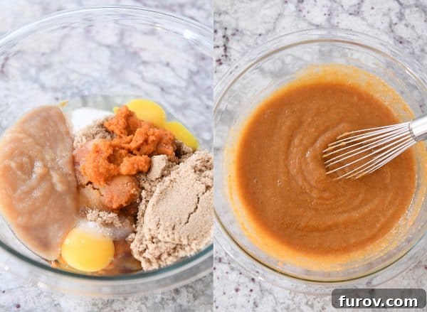 Process shots showing the wet ingredients being mixed in a bowl for the pumpkin chocolate chip snack cake batter.