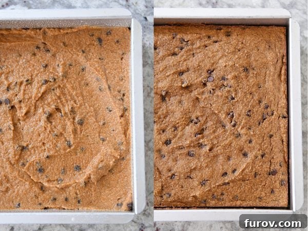Side-by-side images of the unbaked batter and the perfectly baked whole grain pumpkin chocolate chip snack cake in a metal pan.