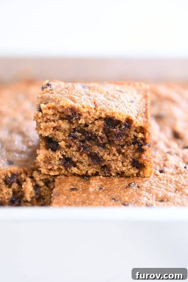 A square piece of whole grain pumpkin chocolate chip snack cake resting on a stack of baked bars, ready to be served.