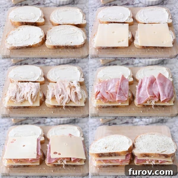 A photo collage showing the step-by-step assembly of a chicken cordon bleu panini with bread, the secret sauce, Swiss cheese, cooked chicken, and deli ham.