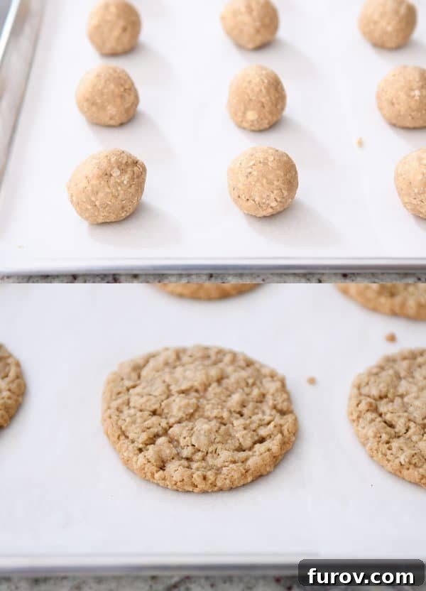 Unbaked and perfectly baked oatmeal cream pie cookies on a baking sheet.