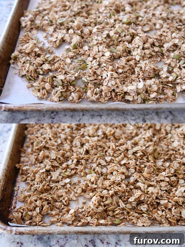Unbaked brown butter pecan granola and then a lower picture of baked granola.