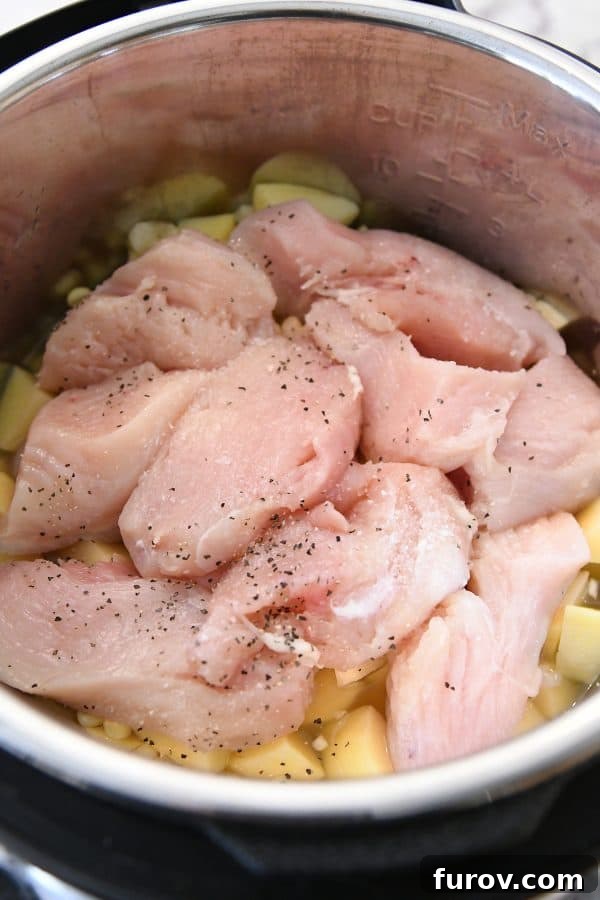 A top-down view inside an Instant Pot, with raw chicken strips carefully arranged on top of the corn and potato mixture.