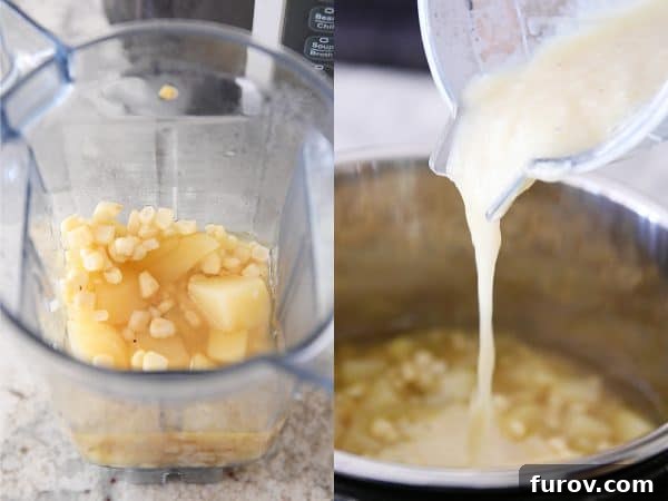 A sequence of images showing the process: blending a portion of corn and potato soup in a blender, then pouring the smooth, creamy mixture back into the pressure cooker.