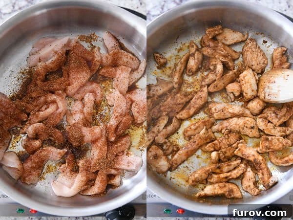 Fiesta Skillet Chicken Fajita Pasta 5 Chicken cooking in a hot pan, sizzling and browning for the skillet chicken fajita pasta.