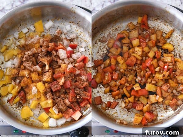 Fiesta Skillet Chicken Fajita Pasta 6 Colorful bell peppers and onions sautéing in a pan, infused with fajita seasoning.