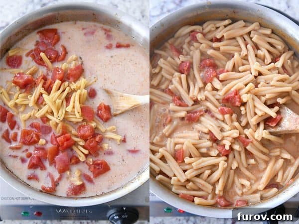 Fiesta Skillet Chicken Fajita Pasta 7 Pasta and diced tomatoes simmering in the pan with broth and milk, absorbing the rich flavors.