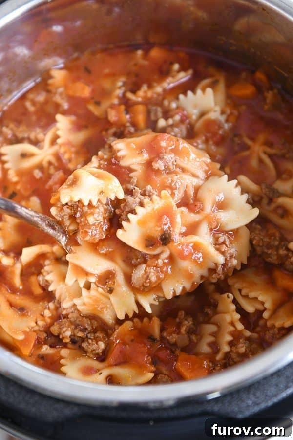 Homemade Lasagna Soup Pressure Cooker or Stovetop 2 A ladle serving a generous scoop of rich, cheesy lasagna soup from a pressure cooker, showcasing tender pasta and savory sauce.