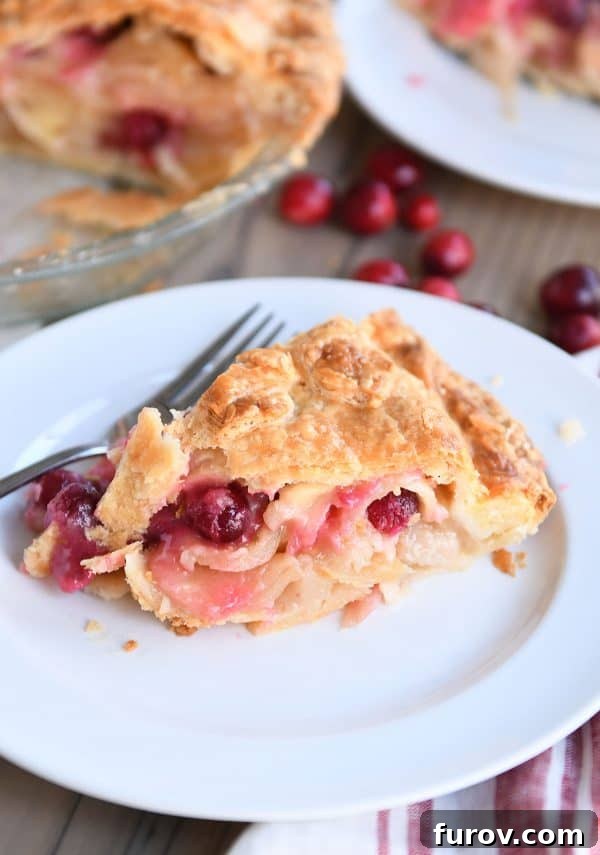 My Favorite Thanksgiving Apple Cranberry Pie 17 Slice of apple cranberry pie on white plate.