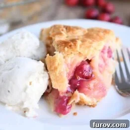 Slice of apple cranberry pie on white plate with ice cream.