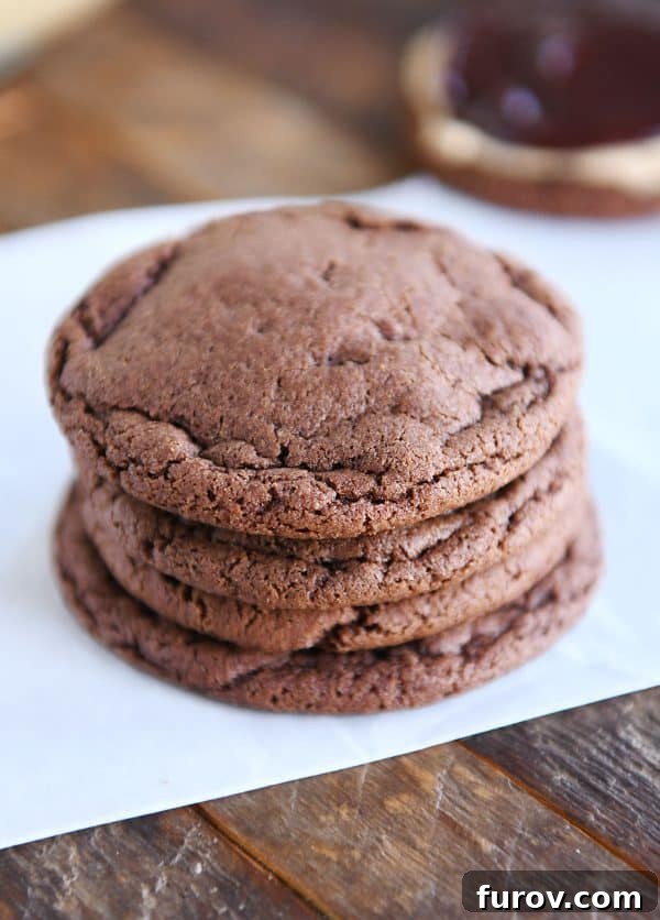 A stack of plain, unfrosted chocolate cookies, showcasing their soft, brownie-like texture.