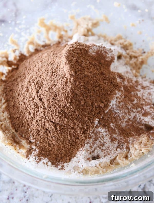 Dry ingredients for chocolate peanut butter buckeye cookies, perfectly measured in a glass bowl.
