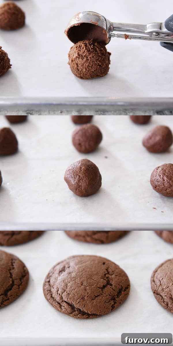 Freshly baked chocolate peanut butter buckeye cookies cooling on a parchment-lined baking sheet.