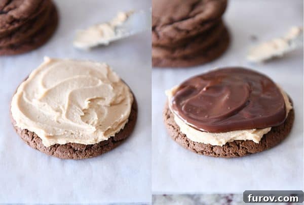 One chocolate cookie with only peanut butter frosting, and another with both frosting and chocolate ganache.