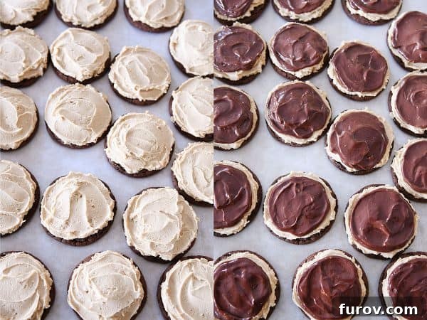 Side-by-side comparison of an unfrosted chocolate cookie and a fully frosted and ganache-topped chocolate peanut butter buckeye cookie.