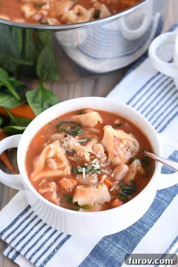 A beautiful white bowl with handles, brimming with a generous serving of quick and easy creamy Tuscan tortellini soup, garnished with fresh herbs and a sprinkle of Parmesan cheese.