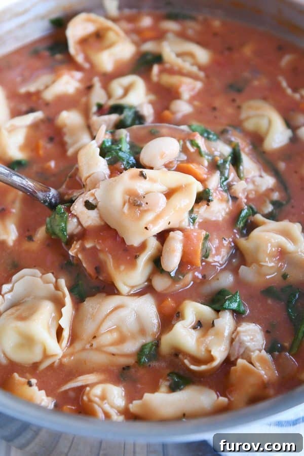 A ladle lifts a generous portion of creamy Tuscan tortellini soup from a simmering pot, showcasing the tender tortellini, vibrant spinach, and rich broth.