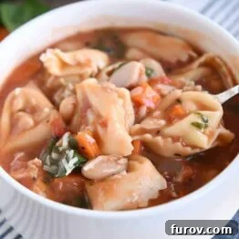 White bowl with handles filled with quick and easy creamy tuscan tortellini soup.