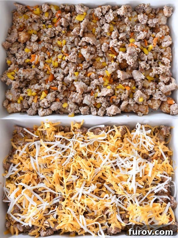 Adding cooked sausage, bell peppers, onions, and shredded cheese on top of a layer of tater tots in a baking pan.