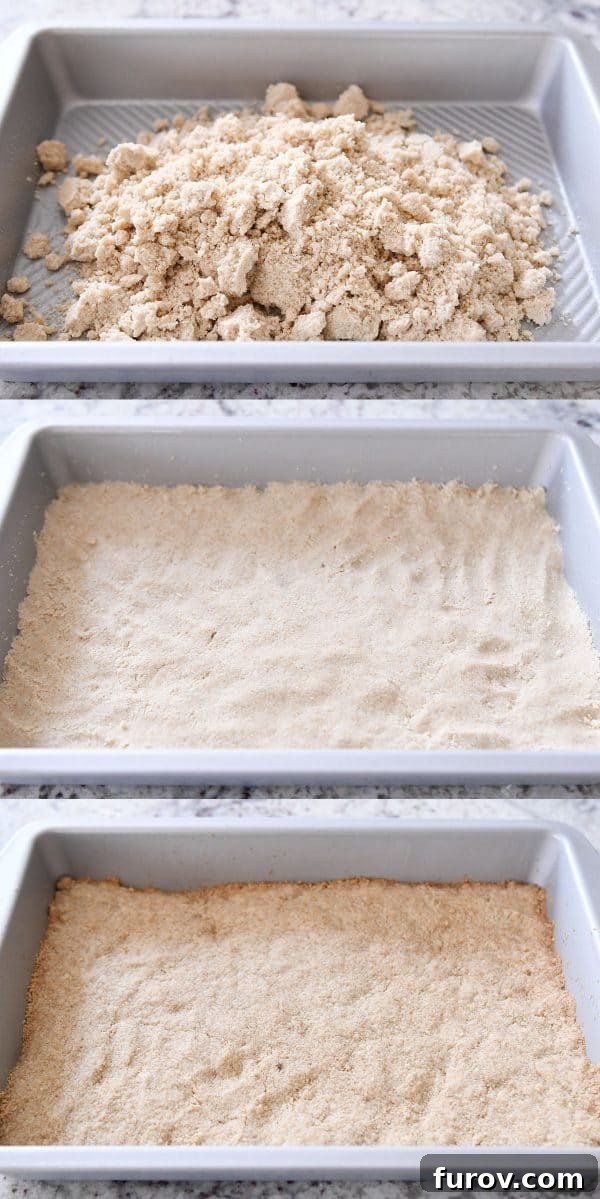 Homemade Dulce de Leche Caramel Shortbread Bars 6 Process of pressing shortbread crust into a 9X13-inch pan, showing both unbaked and baked stages.