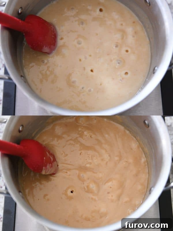 Homemade Dulce de Leche Caramel Shortbread Bars 8 Making homemade caramel or dulce de leche in a pot, showing the color change.