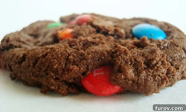 Side view of a chocolate cookie sprinkled with M&M's, highlighting its texture and colorful candies.