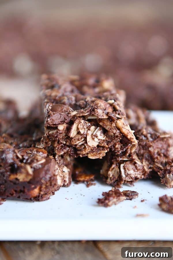 Close-up view of a broken dark chocolate brownie granola bar, revealing its rich texture and chocolate chips.
