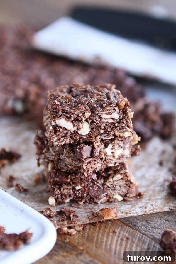 Dark chocolate brownie granola bars perfectly cut into neat squares, ready for serving.