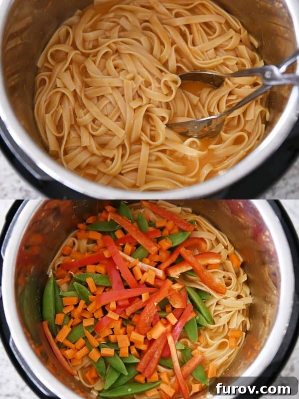 Deliciously Inauthentic Instant Pot Red Coconut Curry Noodles 7 Adding vegetables to red coconut curry noodles.