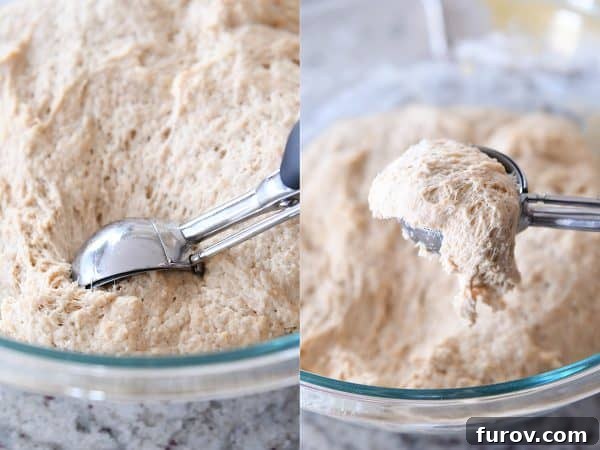 Simple Homemade English Muffins No Mixer Whole Grain 11 Scooping out wet english muffin dough with cookie scoop.