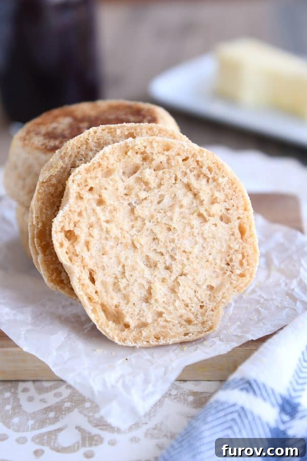 Simple Homemade English Muffins No Mixer Whole Grain 4 Easy homemade english muffins split in half.
