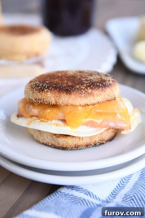 Simple Homemade English Muffins No Mixer Whole Grain 5 Homemade english muffins sandwiched with ham and egg.