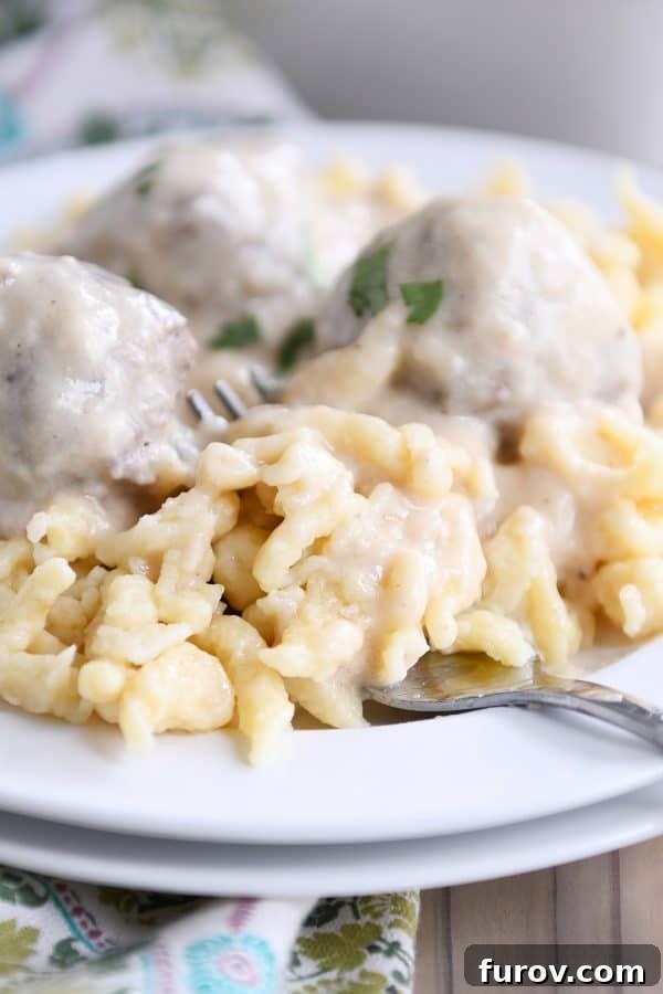 Whip Up Perfect German Spaetzle Quick Video Guide 2 White plate with homemade German spaetzle noodles and meatballs and fork.