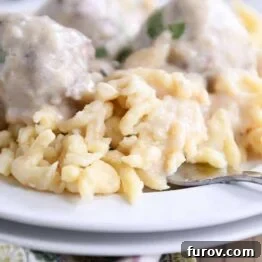 Whip Up Perfect German Spaetzle Quick Video Guide 14 white plate with homemade German spaetzle noodles and meatballs and fork