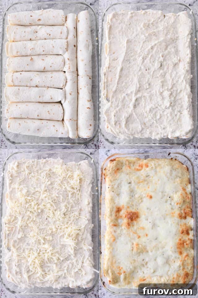 Assembling enchiladas in glass 9X13-inch pan, enchiladas, spread with sauce, sprinkled with cheese, baked.